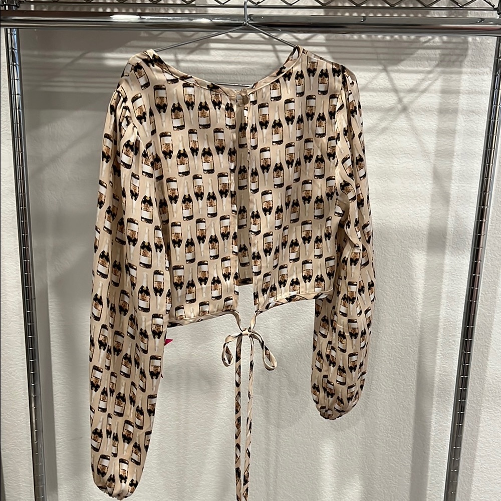 Champagne bottle Tie Long Sleeve Crop Blouse